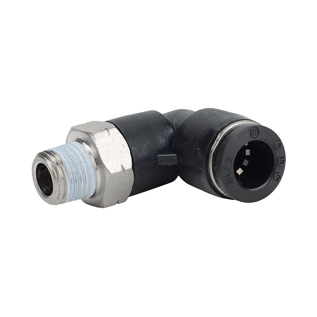 ME516-18N - NITRA pneumatic push-to-connect fitting, elbow, rotating, thermoplastic (PBT) body, nickel-plated brass threads, thread sealant, (1) 1/8in male NPT to (1) 5/16in (8mm) push-to-connect. Package of 5.