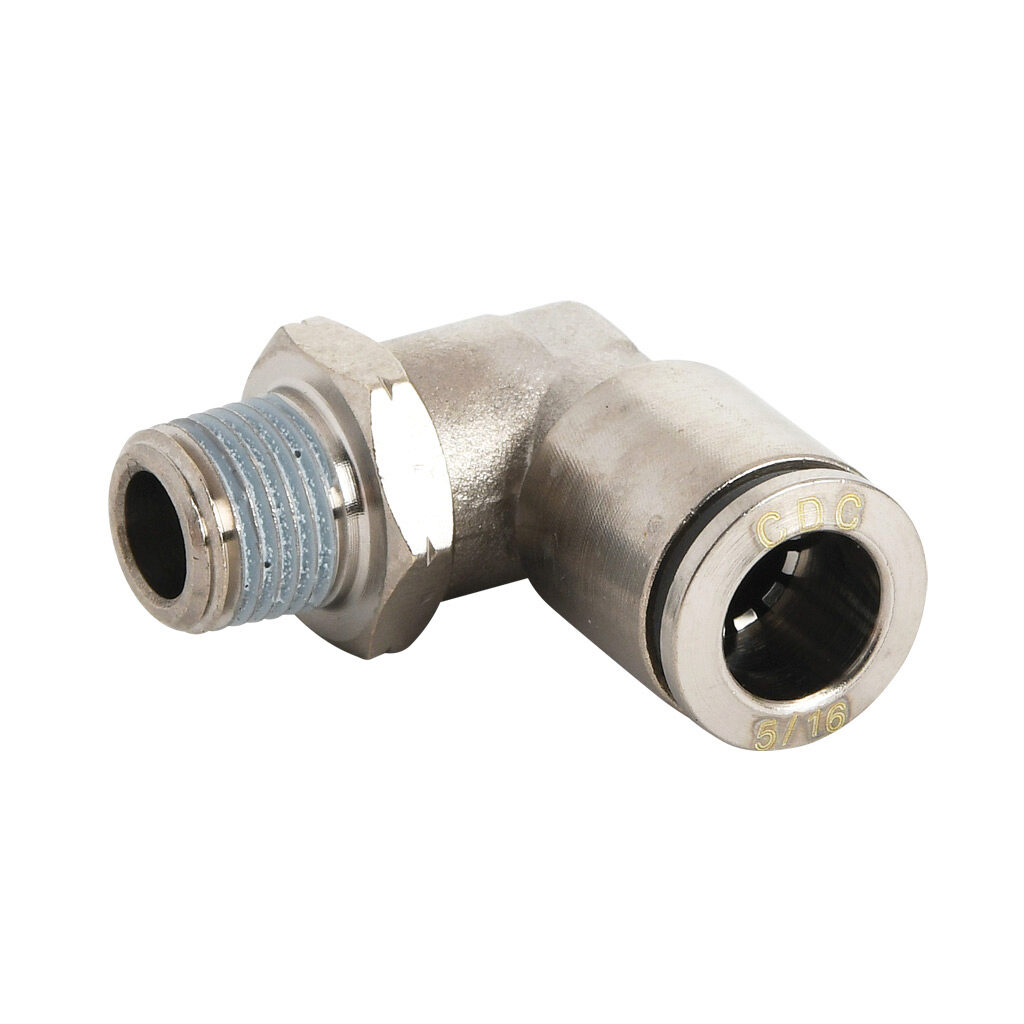 ME516-18N-B - NITRA pneumatic push-to-connect fitting, elbow, rotating, nickel-plated brass body, nickel-plated brass threads, thread sealant, (1) 1/8in male NPT to (1) 5/16in (8mm) push-to-connect. Package of 5.
