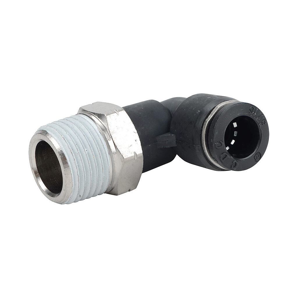 ME516-38N - NITRA pneumatic push-to-connect fitting, elbow, rotating, thermoplastic (PBT) body, nickel-plated brass threads, thread sealant, (1) 3/8in male NPT to (1) 5/16in (8mm) push-to-connect. Package of 5.