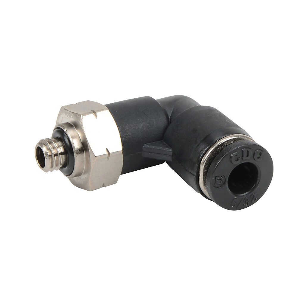 ME532-10N - NITRA pneumatic push-to-connect fitting, elbow, rotating, thermoplastic (PBT) body, nickel-plated brass threads, Buna-N O-ring seal(s), (1) #10-32 male UNF to (1) 5/32in (4mm) push-to-connect. Package of 5.