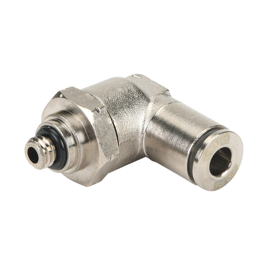 ME532-10N-B - NITRA pneumatic push-to-connect fitting, elbow, rotating, nickel-plated brass body, nickel-plated brass threads, Buna-N O-ring seal(s), (1) #10-32 male UNF to (1) 5/32in (4mm) push-to-connect. Package of 5.