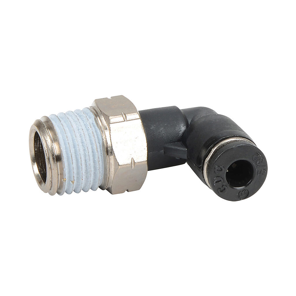ME532-14N - NITRA pneumatic push-to-connect fitting, elbow, rotating, thermoplastic (PBT) body, nickel-plated brass threads, thread sealant, (1) 1/4in male NPT to (1) 5/32in (4mm) push-to-connect. Package of 5.