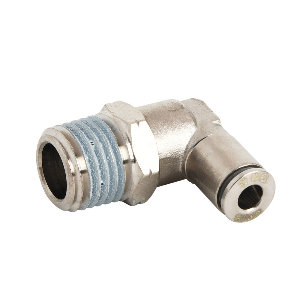 ME532-14N-B - NITRA pneumatic push-to-connect fitting, elbow, rotating, nickel-plated brass body, nickel-plated brass threads, thread sealant, (1) 1/4in male NPT to (1) 5/32in (4mm) push-to-connect. Package of 5.