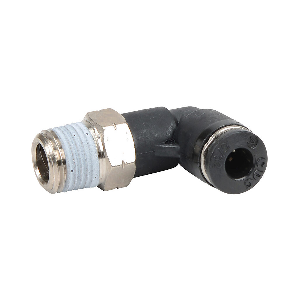 ME532-18N - NITRA pneumatic push-to-connect fitting, elbow, rotating, thermoplastic (PBT) body, nickel-plated brass threads, thread sealant, (1) 1/8in male NPT to (1) 5/32in (4mm) push-to-connect. Package of 5.