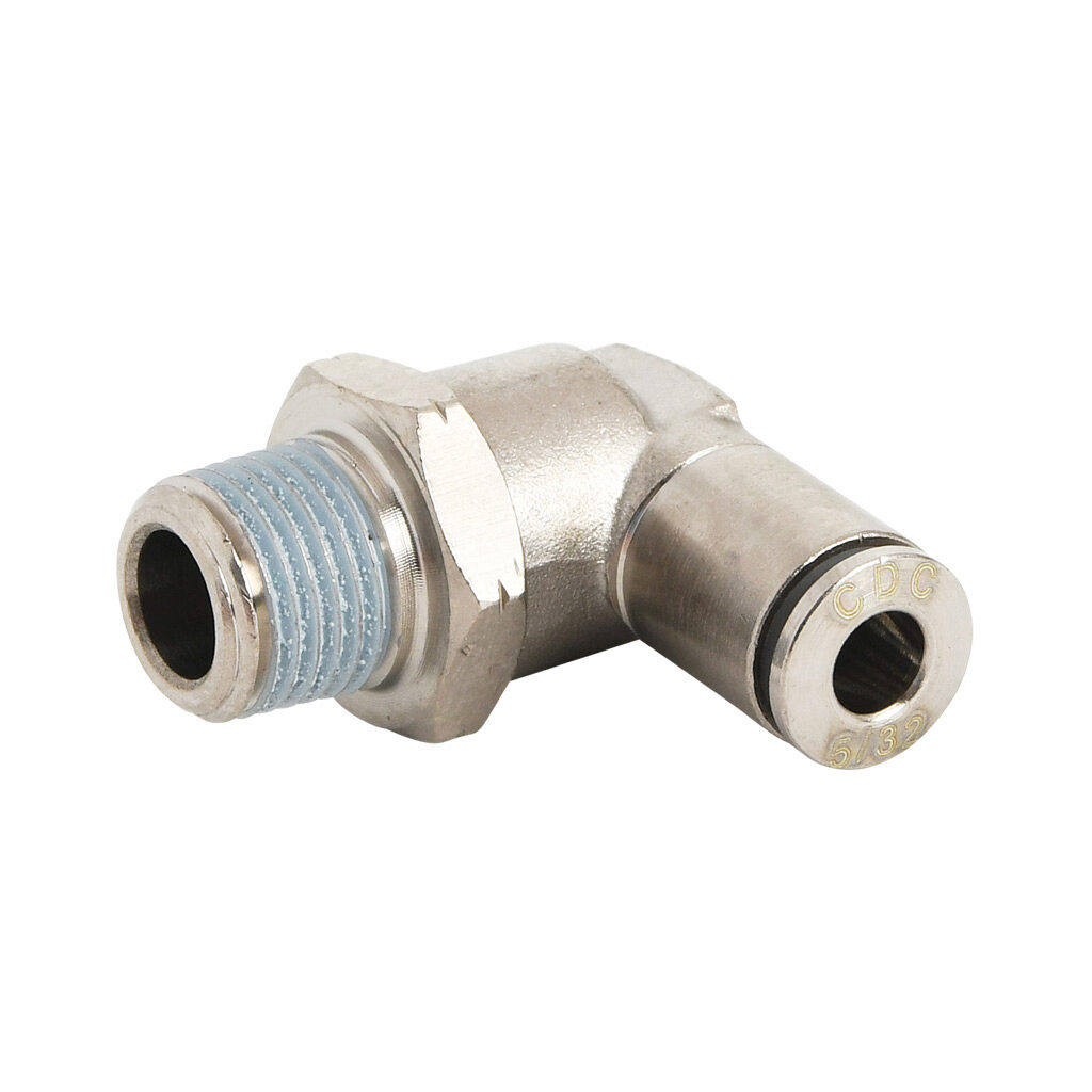 ME532-18N-B - NITRA pneumatic push-to-connect fitting, elbow, rotating, nickel-plated brass body, nickel-plated brass threads, thread sealant, (1) 1/8in male NPT to (1) 5/32in (4mm) push-to-connect. Package of 5.