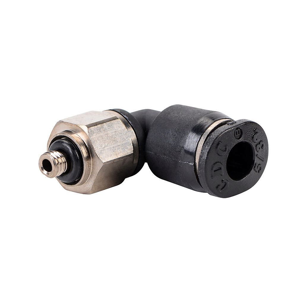 ME532-M3 - NITRA pneumatic push-to-connect fitting, elbow, rotating, thermoplastic (PBT) body, nickel-plated brass threads, Buna-N O-ring seal(s), (1) M3 x 0.5 male ISO to (1) 5/32in (4mm) push-to-connect. Package of 5.