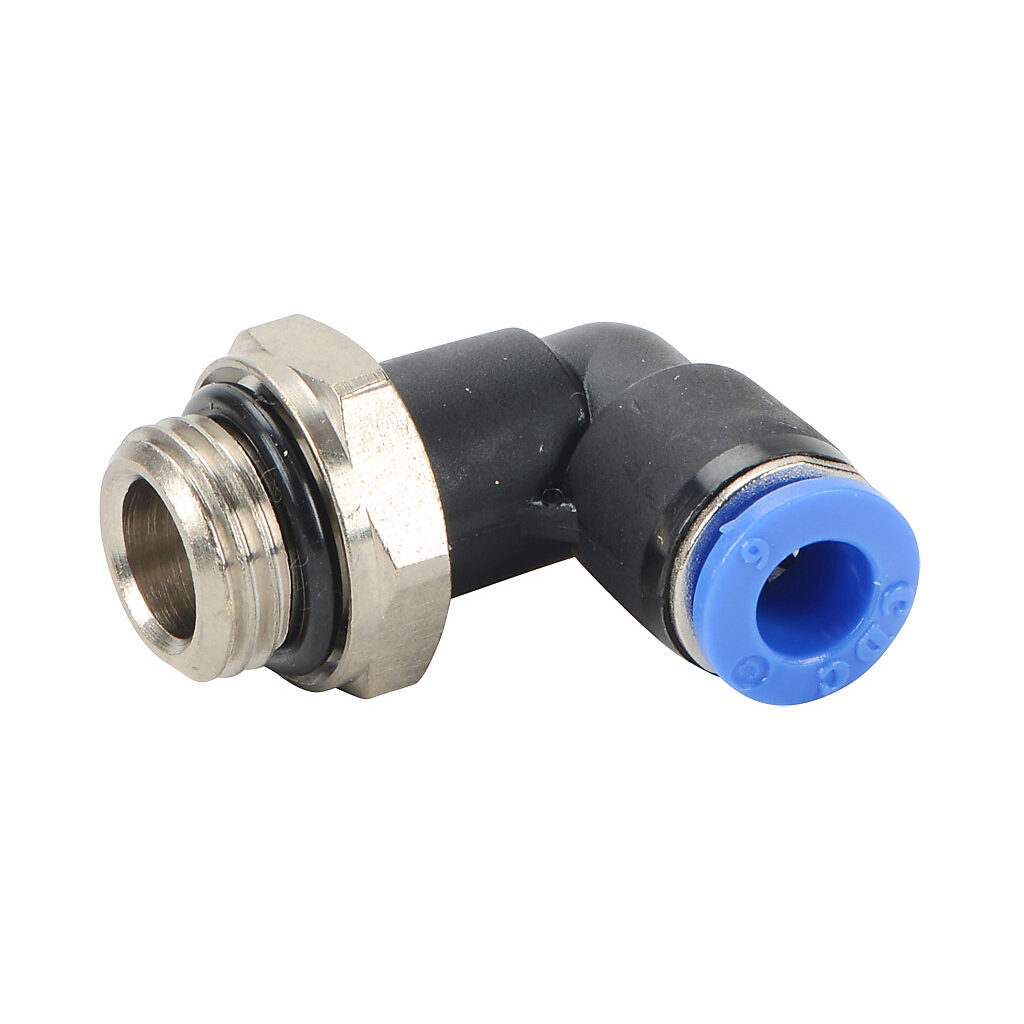 ME6M-14G - NITRA pneumatic push-to-connect fitting, elbow, rotating, thermoplastic (PBT) body, nickel-plated brass threads, Buna-N O-ring seal(s), (1) G1/4 male BSPP to (1) 6mm push-to-connect. Package of 5.