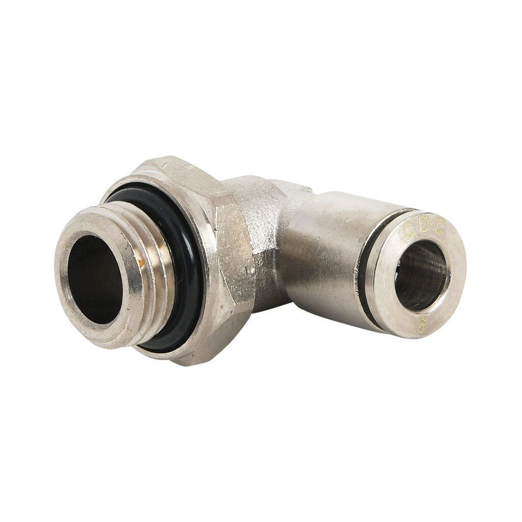 ME6M-14G-B - NITRA pneumatic push-to-connect fitting, elbow, rotating, nickel-plated brass body, nickel-plated brass threads, Buna-N O-ring seal(s), (1) G1/4 male BSPP to (1) 6mm push-to-connect. Package of 5.