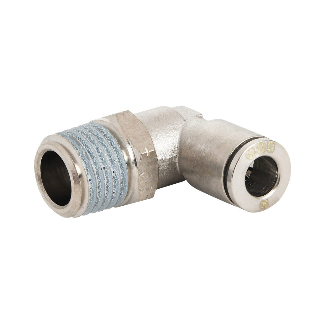 ME6M-14N-B - NITRA pneumatic push-to-connect fitting, elbow, rotating, nickel-plated brass body, nickel-plated brass threads, thread sealant, (1) 1/4in male NPT to (1) 6mm push-to-connect. Package of 5.