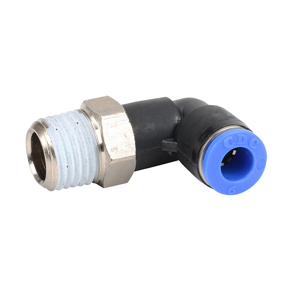 ME6M-14R - NITRA pneumatic push-to-connect fitting, elbow, rotating, thermoplastic (PBT) body, nickel-plated brass threads, thread sealant, (1) R1/4 male BSPT to (1) 6mm push-to-connect. Package of 5.