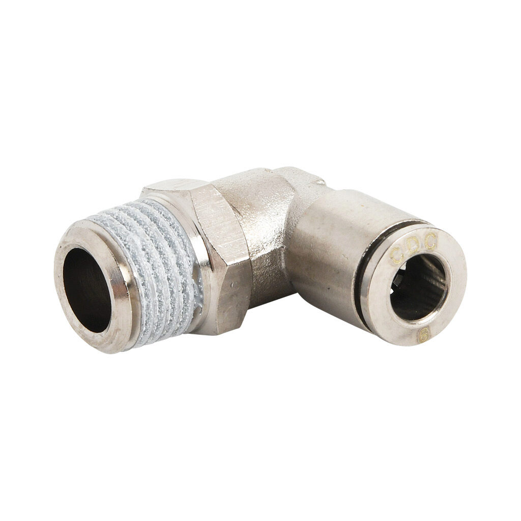 ME6M-14R-B - NITRA pneumatic push-to-connect fitting, elbow, rotating, nickel-plated brass body, nickel-plated brass threads, thread sealant, (1) R1/4 male BSPT to (1) 6mm push-to-connect. Package of 5.