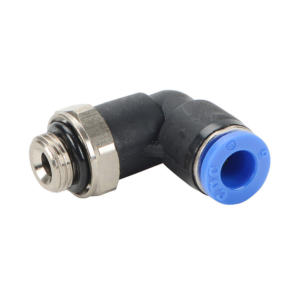 ME6M-18G - NITRA pneumatic push-to-connect fitting, elbow, rotating, thermoplastic (PBT) body, nickel-plated brass threads, Buna-N O-ring seal(s), (1) G1/8 male BSPP to (1) 6mm push-to-connect. Package of 5.