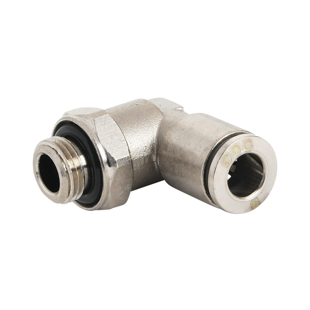 ME6M-18G-B - NITRA pneumatic push-to-connect fitting, elbow, rotating, nickel-plated brass body, nickel-plated brass threads, Buna-N O-ring seal(s), (1) G1/8 male BSPP to (1) 6mm push-to-connect. Package of 5.