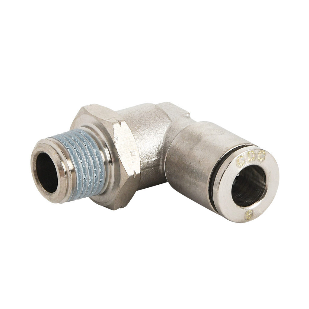 ME6M-18N-B - NITRA pneumatic push-to-connect fitting, elbow, rotating, nickel-plated brass body, nickel-plated brass threads, thread sealant, (1) 1/8in male NPT to (1) 6mm push-to-connect. Package of 5.