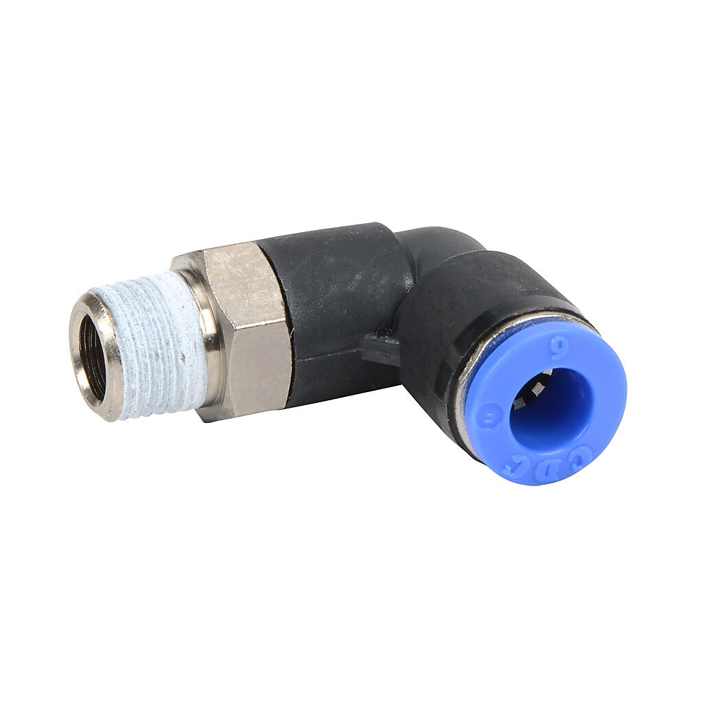 ME6M-18R - NITRA pneumatic push-to-connect fitting, elbow, rotating, thermoplastic (PBT) body, nickel-plated brass threads, thread sealant, (1) R1/8 male BSPT to (1) 6mm push-to-connect. Package of 5.