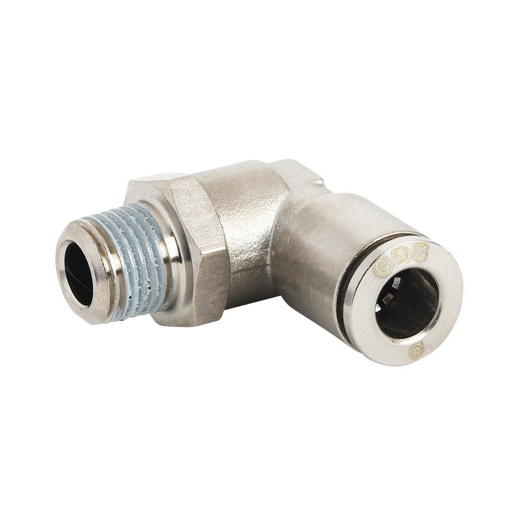 ME6M-18R-B - NITRA pneumatic push-to-connect fitting, elbow, rotating, nickel-plated brass body, nickel-plated brass threads, thread sealant, (1) R1/8 male BSPT to (1) 6mm push-to-connect. Package of 5.