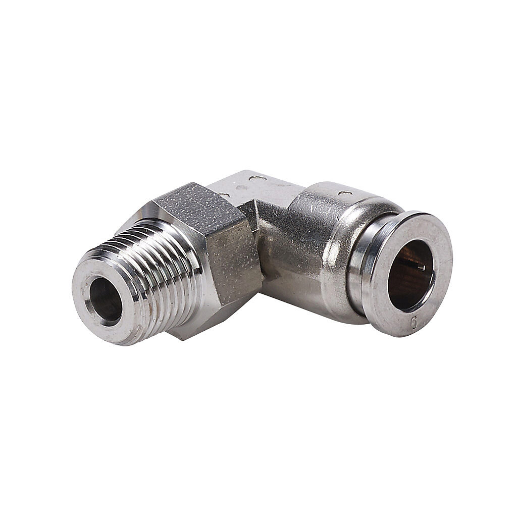 ME6M-18R-SS - NITRA pneumatic push-to-connect fitting, elbow, rotating, 316 stainless steel body, 316 stainless steel threads, (1) R1/8 male BSPT to (1) 6mm push-to-connect.