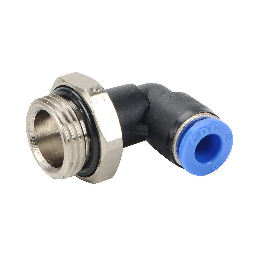 ME6M-38G - NITRA pneumatic push-to-connect fitting, elbow, rotating, thermoplastic (PBT) body, nickel-plated brass threads, Buna-N O-ring seal(s), (1) G3/8 male BSPP to (1) 6mm push-to-connect. Package of 5.