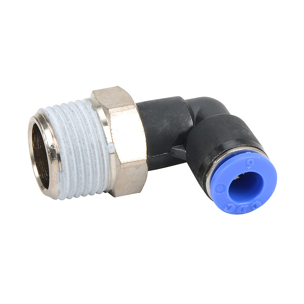 ME6M-38R - NITRA pneumatic push-to-connect fitting, elbow, rotating, thermoplastic (PBT) body, nickel-plated brass threads, thread sealant, (1) R3/8 male BSPT to (1) 6mm push-to-connect. Package of 5.