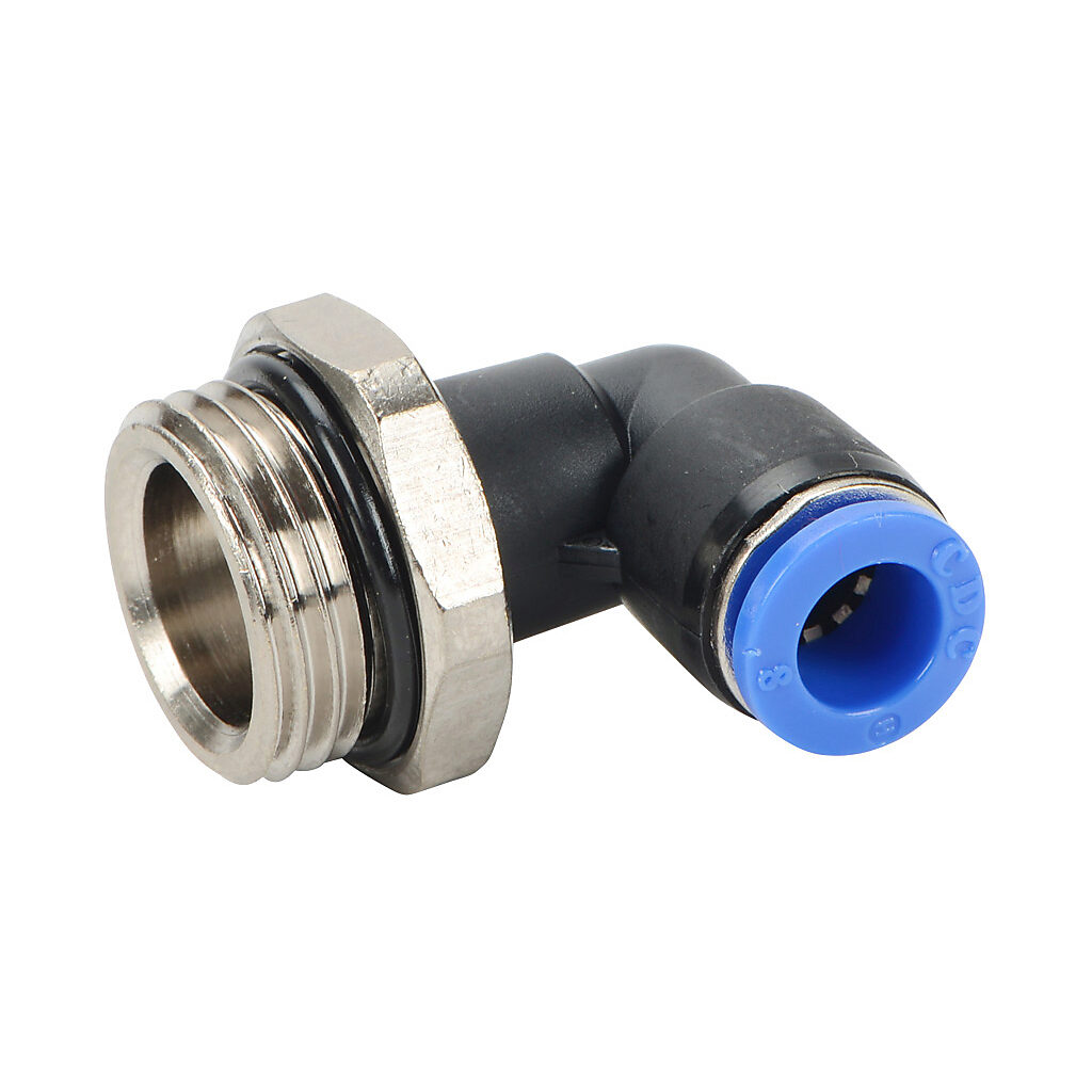 ME8M-12G - NITRA pneumatic push-to-connect fitting, elbow, rotating, thermoplastic (PBT) body, nickel-plated brass threads, Buna-N O-ring seal(s), (1) G1/2 male BSPP to (1) 5/16in (8mm) push-to-connect. Package of 5.
