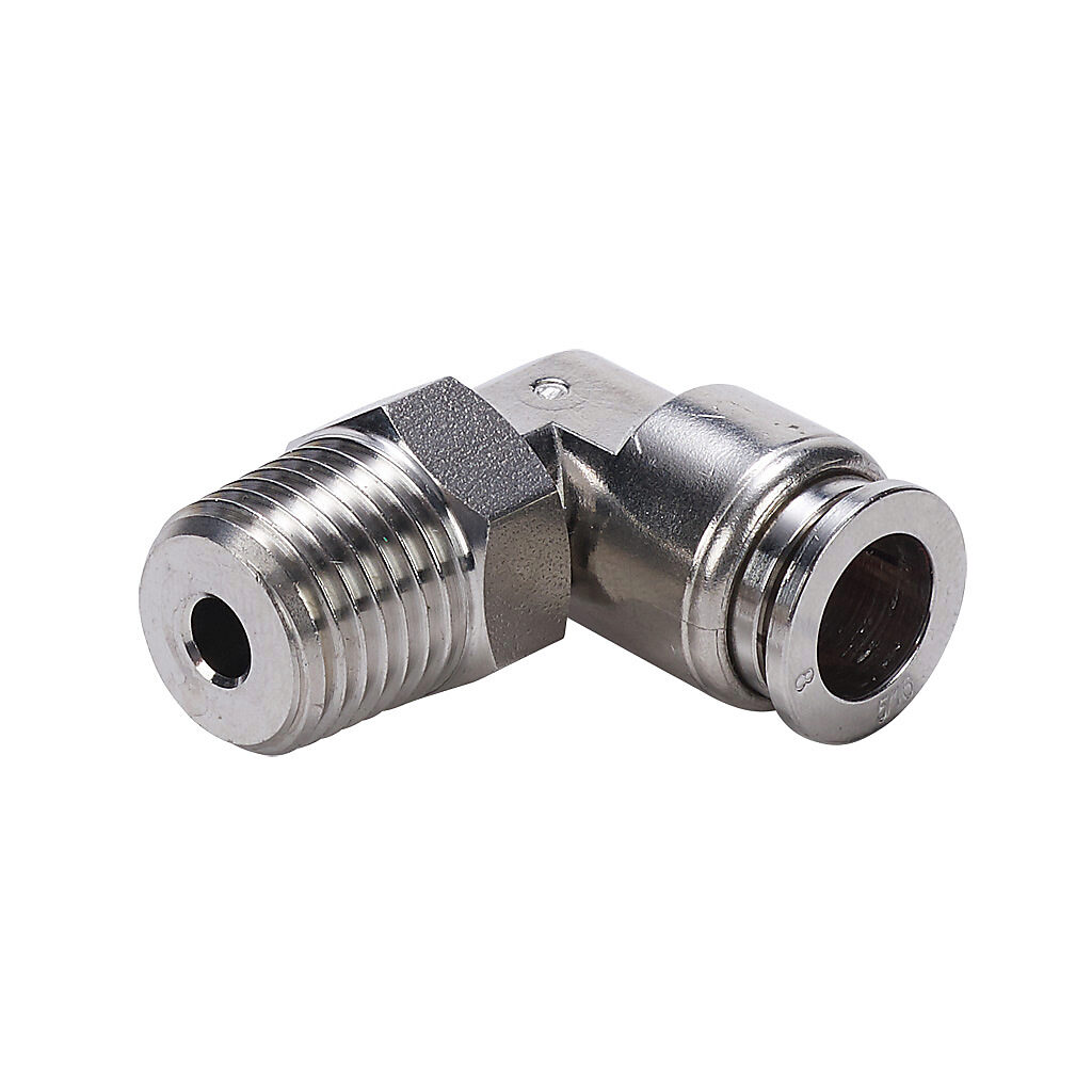 ME8M-14R-SS - NITRA pneumatic push-to-connect fitting, elbow, rotating, 316 stainless steel body, 316 stainless steel threads, (1) R1/4 male BSPT to (1) 5/16in (8mm) push-to-connect.