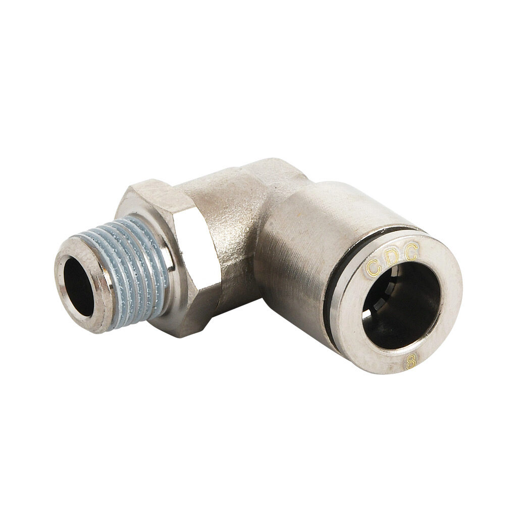 ME8M-18R-B - NITRA pneumatic push-to-connect fitting, elbow, rotating, nickel-plated brass body, nickel-plated brass threads, thread sealant, (1) R1/8 male BSPT to (1) 5/16in (8mm) push-to-connect. Package of 5.