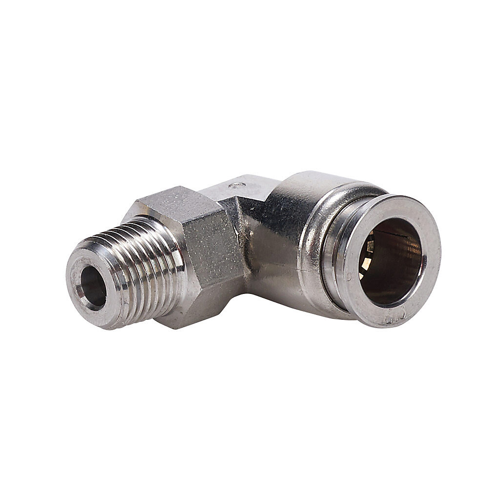 ME8M-18R-SS - NITRA pneumatic push-to-connect fitting, elbow, rotating, 316 stainless steel body, 316 stainless steel threads, (1) R1/8 male BSPT to (1) 5/16in (8mm) push-to-connect.