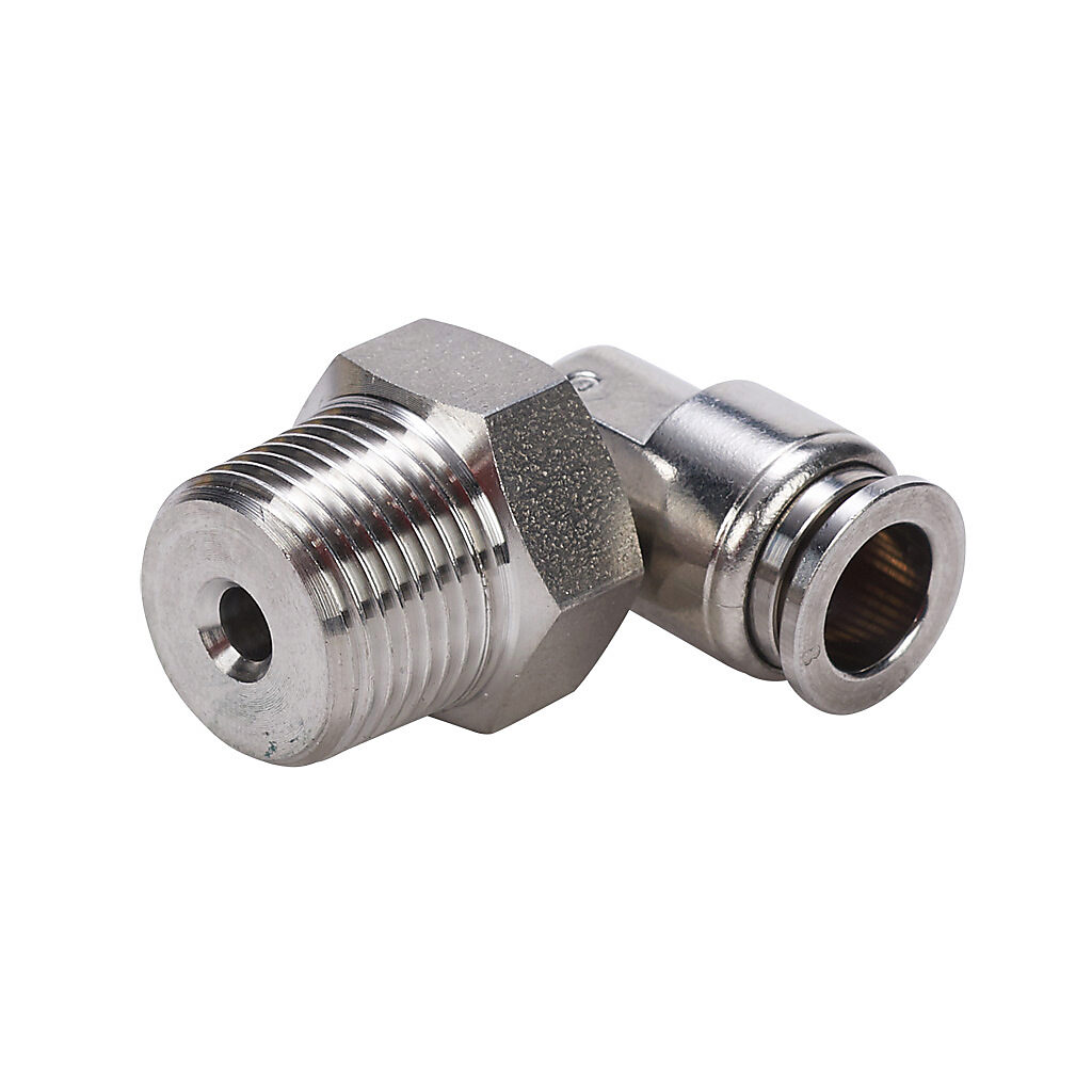 ME8M-38R-SS - NITRA pneumatic push-to-connect fitting, elbow, rotating, 316 stainless steel body, 316 stainless steel threads, (1) R3/8 male BSPT to (1) 5/16in (8mm) push-to-connect.