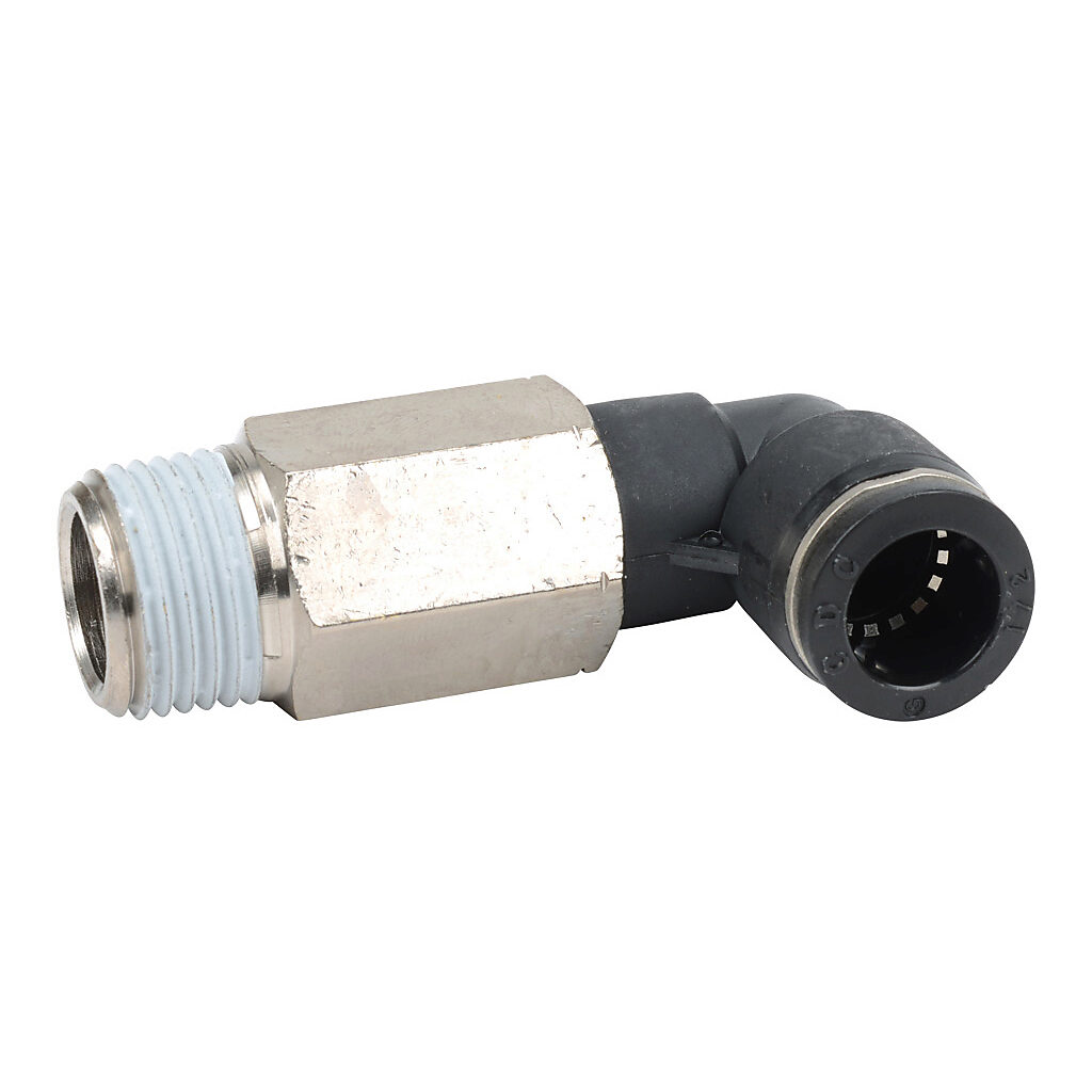 MEL12-12N - NITRA pneumatic push-to-connect fitting, long elbow, rotating, thermoplastic (PBT) body, nickel-plated brass threads, thread sealant, (1) 1/2in male NPT to (1) 1/2in push-to-connect. Package of 5.