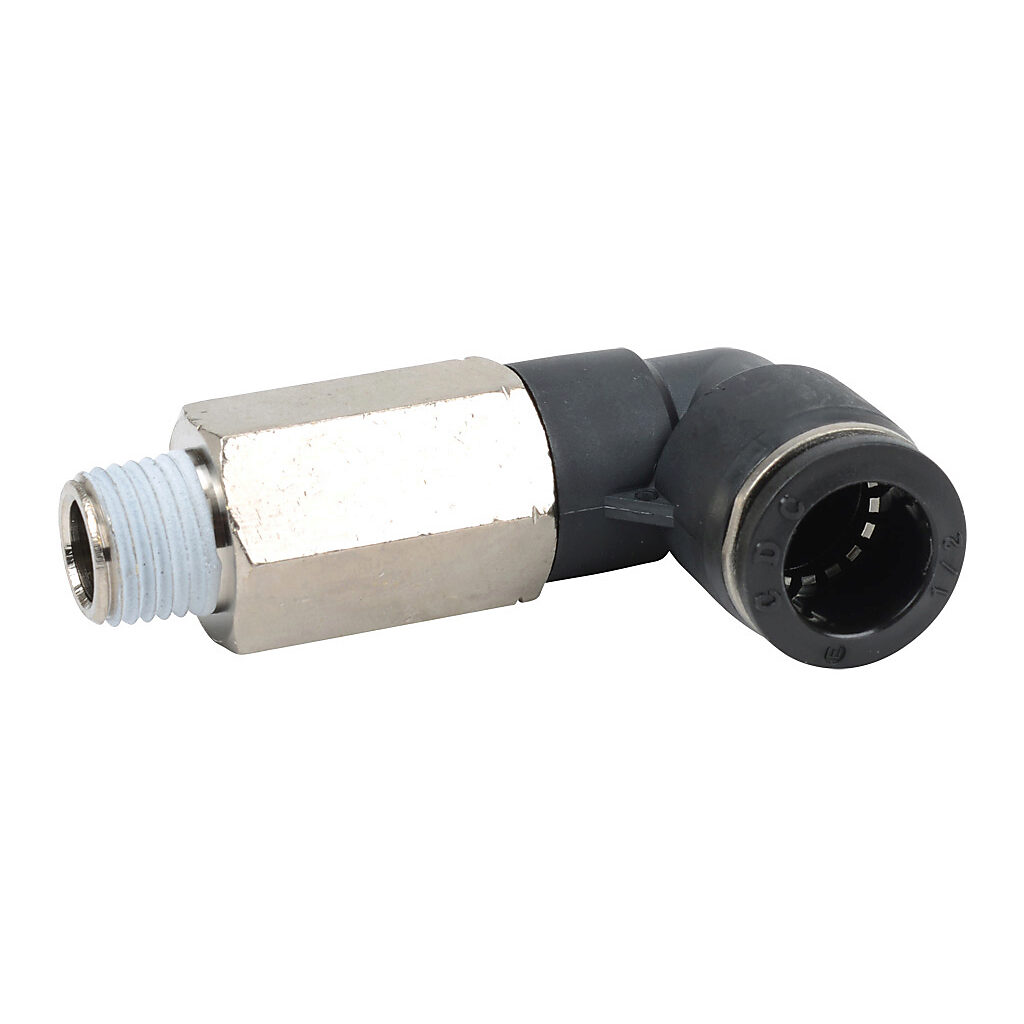 MEL12-14N - NITRA pneumatic push-to-connect fitting, long elbow, rotating, thermoplastic (PBT) body, nickel-plated brass threads, thread sealant, (1) 1/4in male NPT to (1) 1/2in push-to-connect. Package of 5.