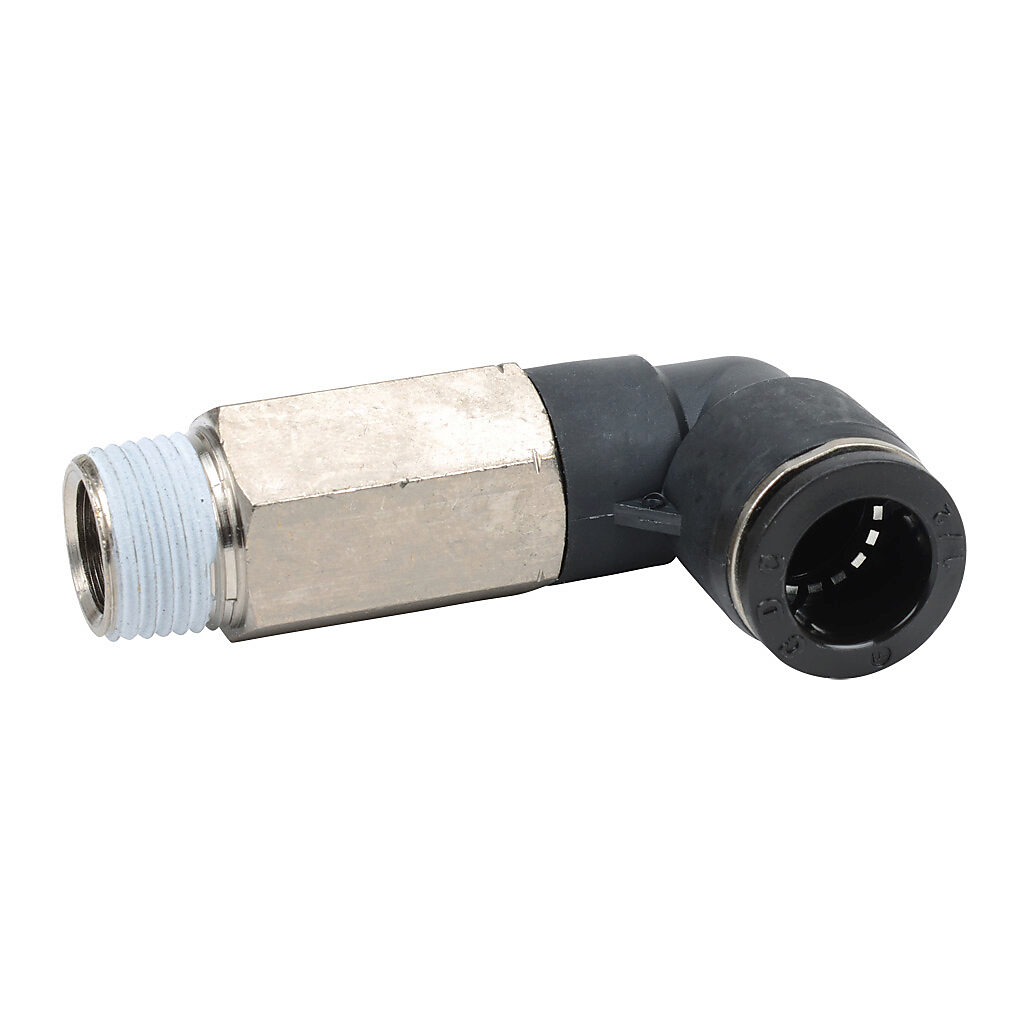 MEL12-38N - NITRA pneumatic push-to-connect fitting, long elbow, rotating, thermoplastic (PBT) body, nickel-plated brass threads, thread sealant, (1) 3/8in male NPT to (1) 1/2in push-to-connect. Package of 5.