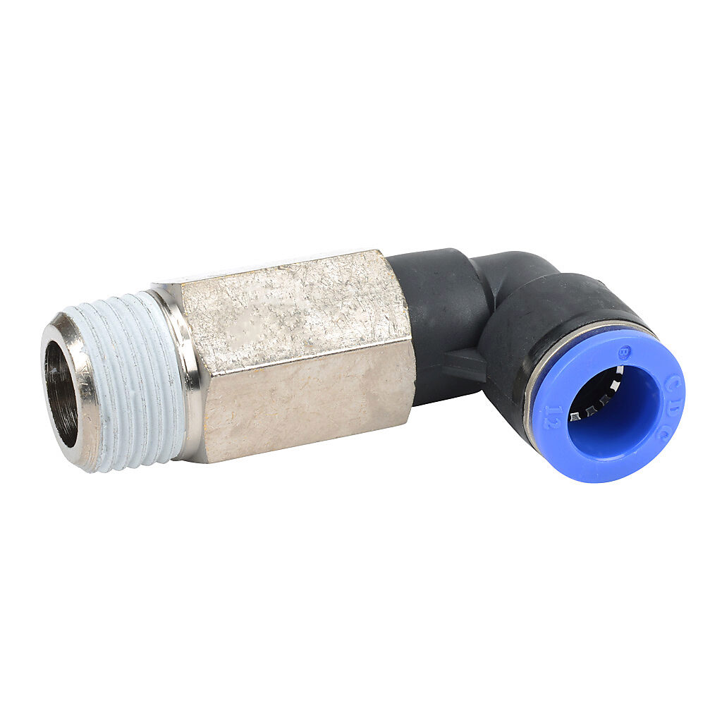 MEL12M-12R - NITRA pneumatic push-to-connect fitting, long elbow, rotating, thermoplastic (PBT) body, nickel-plated brass threads, thread sealant, (1) R1/2 male BSPT to (1) 12mm push-to-connect. Package of 5.