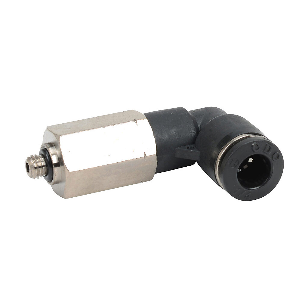 MEL14-10N - NITRA pneumatic push-to-connect fitting, long elbow, rotating, thermoplastic (PBT) body, nickel-plated brass threads, Buna-N O-ring seal(s), (1) #10-32 male UNF to (1) 1/4in push-to-connect. Package of 5.