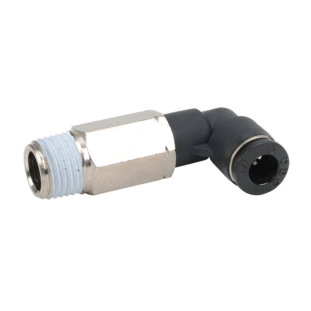 MEL14-14N - NITRA pneumatic push-to-connect fitting, long elbow, rotating, thermoplastic (PBT) body, nickel-plated brass threads, thread sealant, (1) 1/4in male NPT to (1) 1/4in push-to-connect. Package of 5.