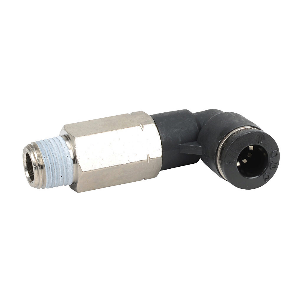 MEL14-18N - NITRA pneumatic push-to-connect fitting, long elbow, rotating, thermoplastic (PBT) body, nickel-plated brass threads, thread sealant, (1) 1/8in male NPT to (1) 1/4in push-to-connect. Package of 5.