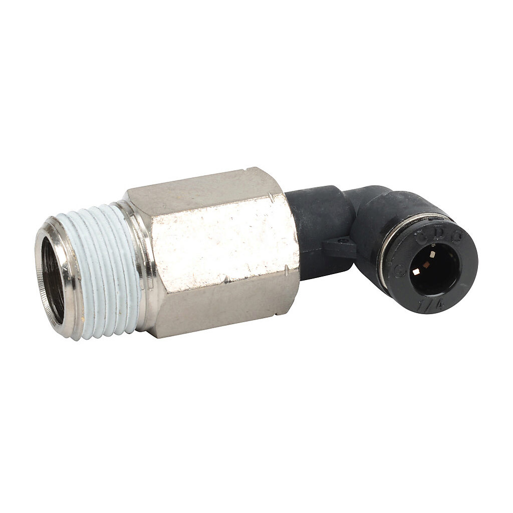 MEL14-38N - NITRA pneumatic push-to-connect fitting, long elbow, rotating, thermoplastic (PBT) body, nickel-plated brass threads, thread sealant, (1) 3/8in male NPT to (1) 1/4in push-to-connect. Package of 5.