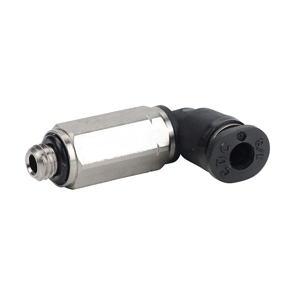 MEL18-10N - NITRA pneumatic push-to-connect fitting, long elbow, rotating, thermoplastic (PBT) body, nickel-plated brass threads, Buna-N O-ring seal(s), (1) #10-32 male UNF to (1) 1/8in push-to-connect. Package of 5.