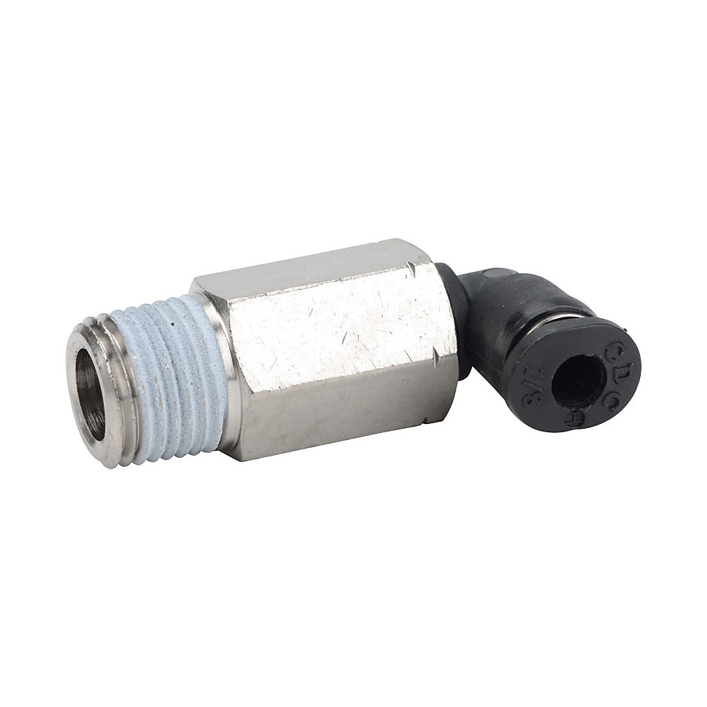 MEL18-18N - NITRA pneumatic push-to-connect fitting, long elbow, rotating, thermoplastic (PBT) body, nickel-plated brass threads, thread sealant, (1) 1/8in male NPT to (1) 1/8in push-to-connect. Package of 5.