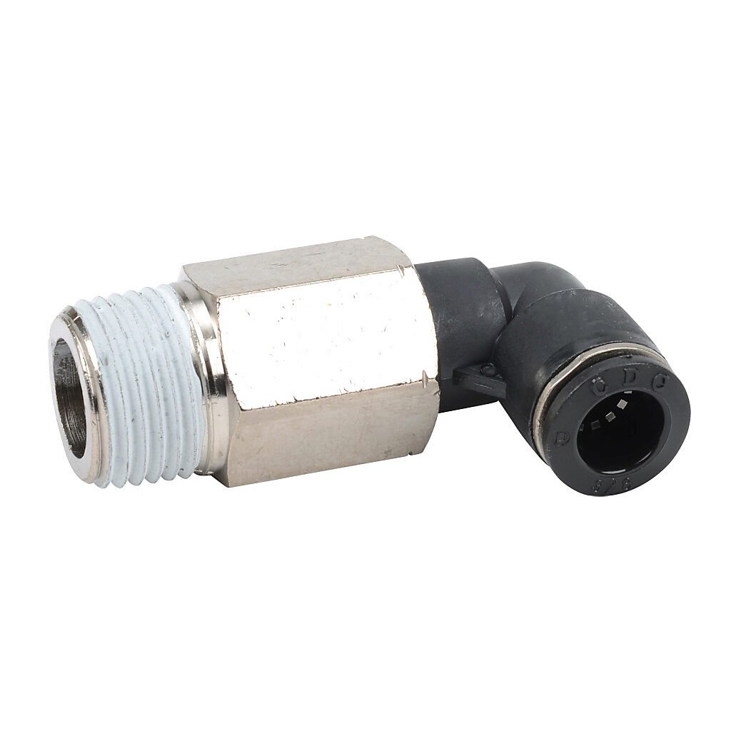 MEL38-12N - NITRA pneumatic push-to-connect fitting, long elbow, rotating, thermoplastic (PBT) body, nickel-plated brass threads, thread sealant, (1) 1/2in male NPT to (1) 3/8in push-to-connect. Package of 5.