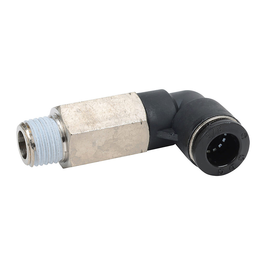 MEL38-14N - NITRA pneumatic push-to-connect fitting, long elbow, rotating, thermoplastic (PBT) body, nickel-plated brass threads, thread sealant, (1) 1/4in male NPT to (1) 3/8in push-to-connect. Package of 5.