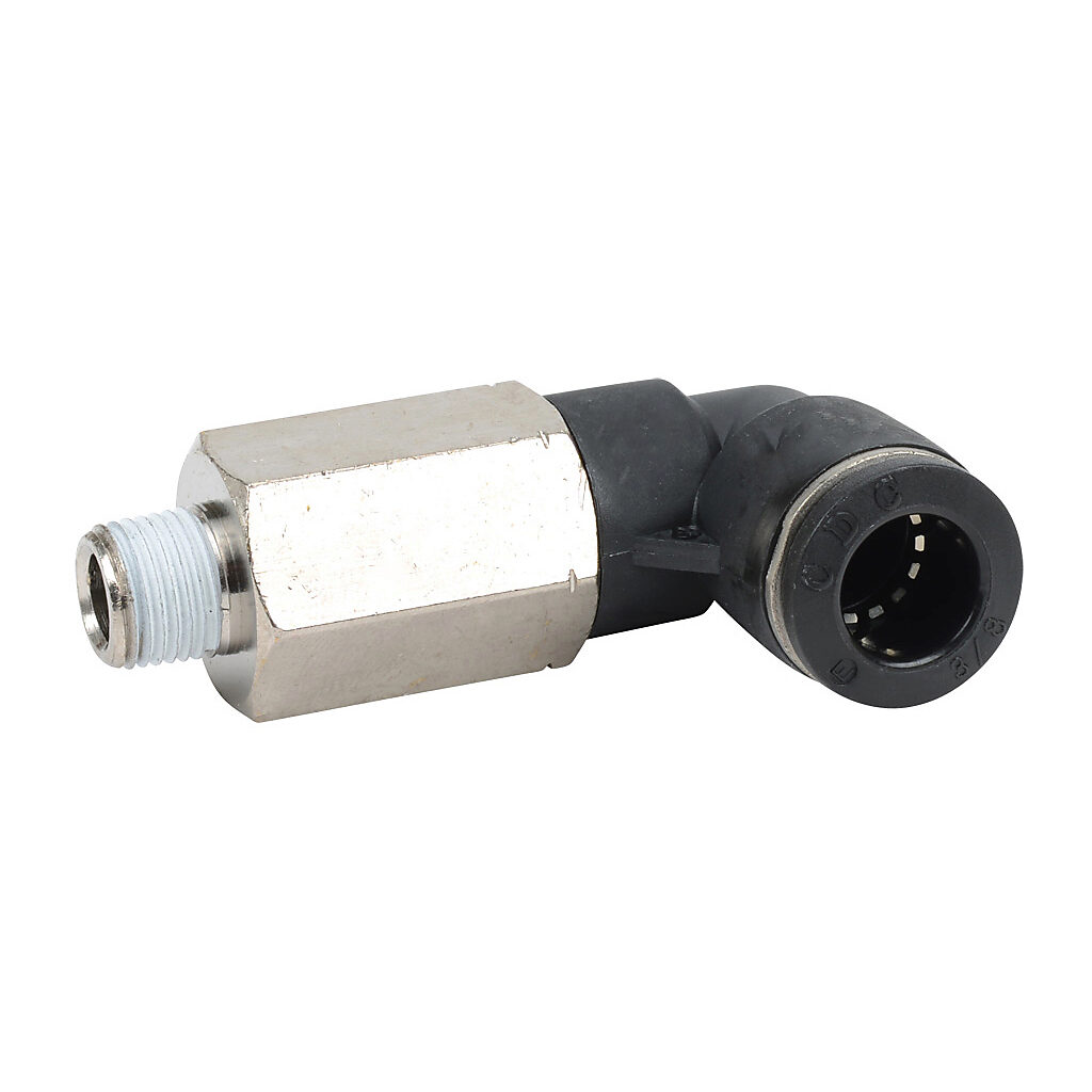 MEL38-18N - NITRA pneumatic push-to-connect fitting, long elbow, rotating, thermoplastic (PBT) body, nickel-plated brass threads, thread sealant, (1) 1/8in male NPT to (1) 3/8in push-to-connect. Package of 5.