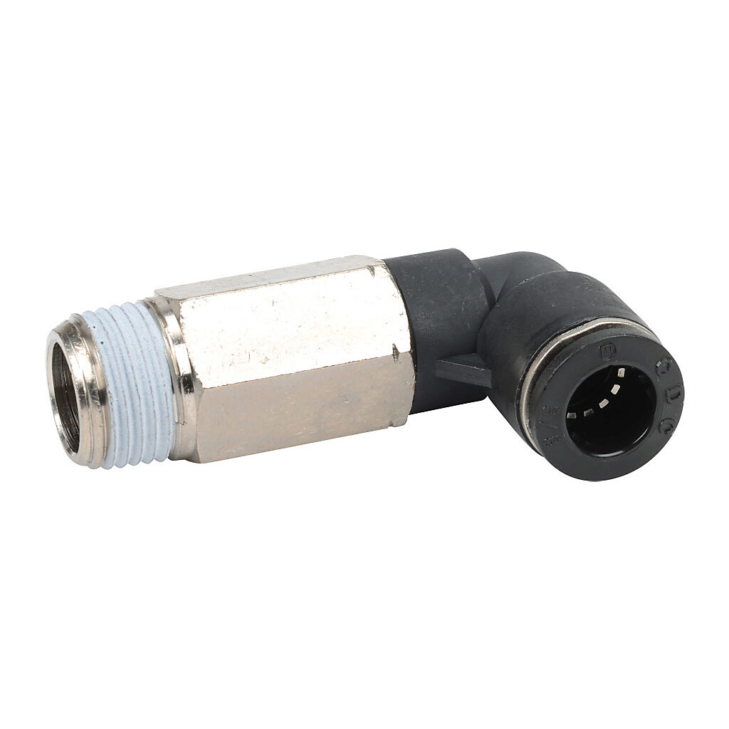 MEL38-38N - NITRA pneumatic push-to-connect fitting, long elbow, rotating, thermoplastic (PBT) body, nickel-plated brass threads, thread sealant, (1) 3/8in male NPT to (1) 3/8in push-to-connect. Package of 5.