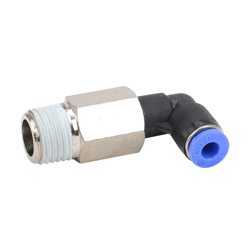 MEL4M-14R - NITRA pneumatic push-to-connect fitting, long elbow, rotating, thermoplastic (PBT) body, nickel-plated brass threads, thread sealant, (1) R1/4 male BSPT to (1) 5/32in (4mm) push-to-connect. Package of 5.