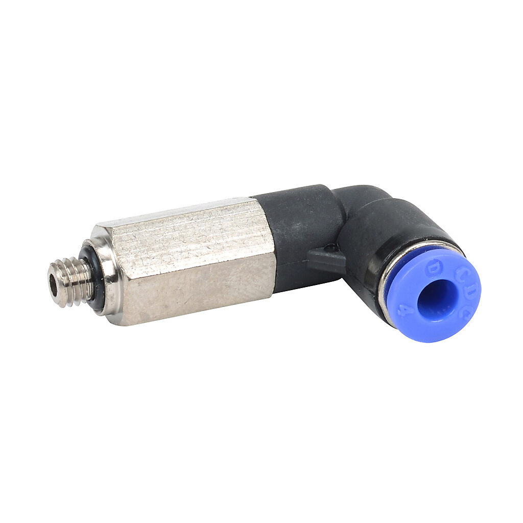MEL4M-M5 - NITRA pneumatic push-to-connect fitting, long elbow, rotating, thermoplastic (PBT) body, nickel-plated brass threads, Buna-N O-ring seal(s), (1) M5 x 0.8 male ISO to (1) 5/32in (4mm) push-to-connect. Package of 5.