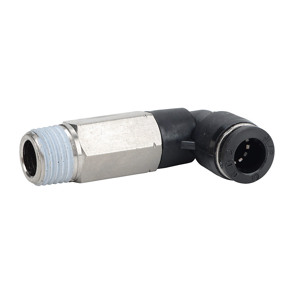 MEL516-14N - NITRA pneumatic push-to-connect fitting, long elbow, rotating, thermoplastic (PBT) body, nickel-plated brass threads, thread sealant, (1) 1/4in male NPT to (1) 5/16in (8mm) push-to-connect. Package of 5.