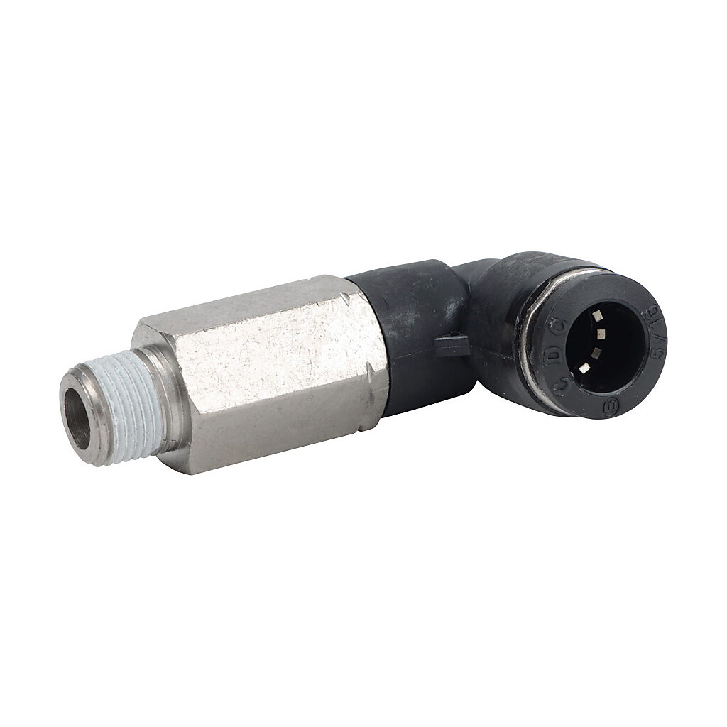MEL516-18N - NITRA pneumatic push-to-connect fitting, long elbow, rotating, thermoplastic (PBT) body, nickel-plated brass threads, thread sealant, (1) 1/8in male NPT to (1) 5/16in (8mm) push-to-connect. Package of 5.