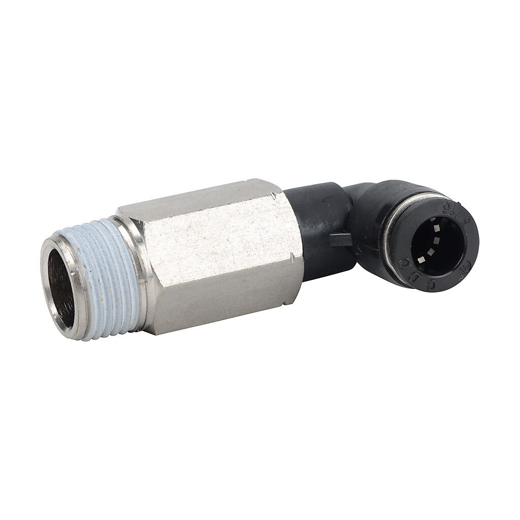 MEL516-38N - NITRA pneumatic push-to-connect fitting, long elbow, rotating, thermoplastic (PBT) body, nickel-plated brass threads, thread sealant, (1) 3/8in male NPT to (1) 5/16in (8mm) push-to-connect. Package of 5.