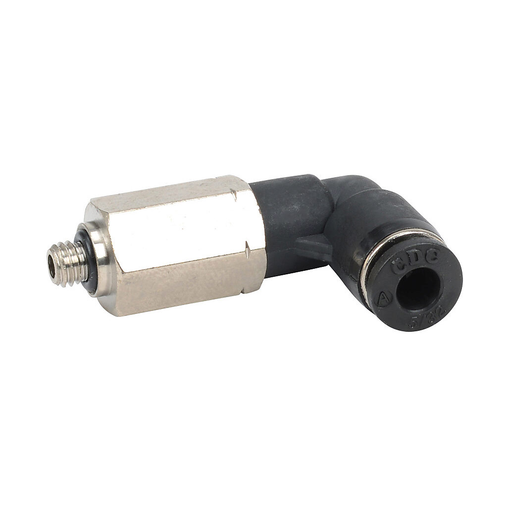 MEL532-10N - NITRA pneumatic push-to-connect fitting, long elbow, rotating, thermoplastic (PBT) body, nickel-plated brass threads, Buna-N O-ring seal(s), (1) #10-32 male UNF to (1) 5/32in (4mm) push-to-connect. Package of 5.