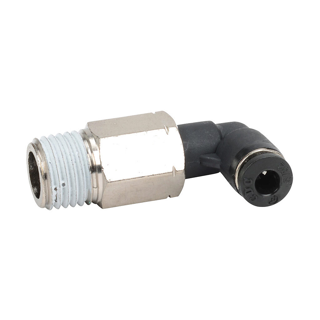 MEL532-14N - NITRA pneumatic push-to-connect fitting, long elbow, rotating, thermoplastic (PBT) body, nickel-plated brass threads, thread sealant, (1) 1/4in male NPT to (1) 5/32in (4mm) push-to-connect. Package of 5.