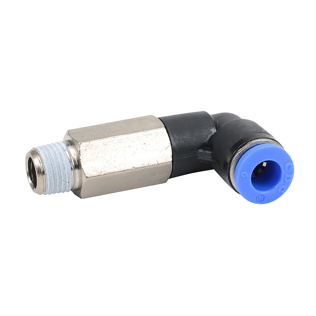 MEL6M-18R - NITRA pneumatic push-to-connect fitting, long elbow, rotating, thermoplastic (PBT) body, nickel-plated brass threads, thread sealant, (1) R1/8 male BSPT to (1) 6mm push-to-connect. Package of 5.